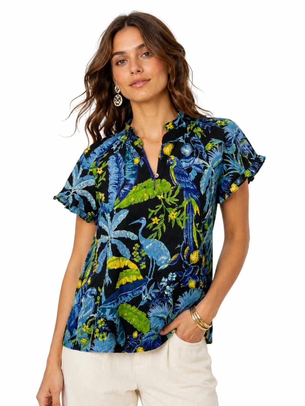 Banjanan Anthropologie Blue Bird Ruffle Top Short Sleeve Tropical Cotton Size XS